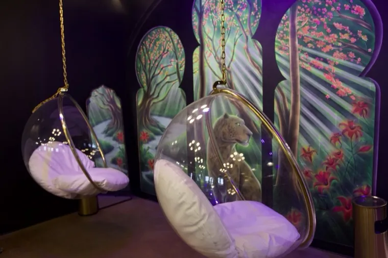 Hanging egg chairs against a psychedelic mural